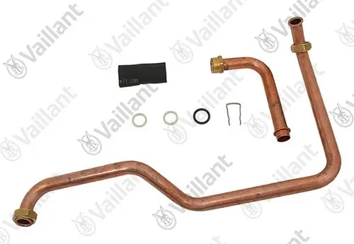 Vaillant Rohr mit mehreren Biegungen aus Kupfer, ergänzt durch Dichtungen und Verbindungselemente, geeignet für Heizungsinstallationen.